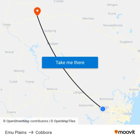 Emu Plains to Cobbora map