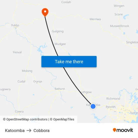 Katoomba to Cobbora map