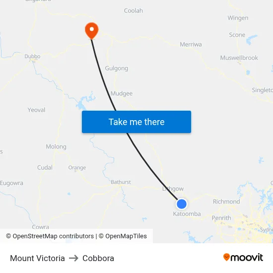 Mount Victoria to Cobbora map