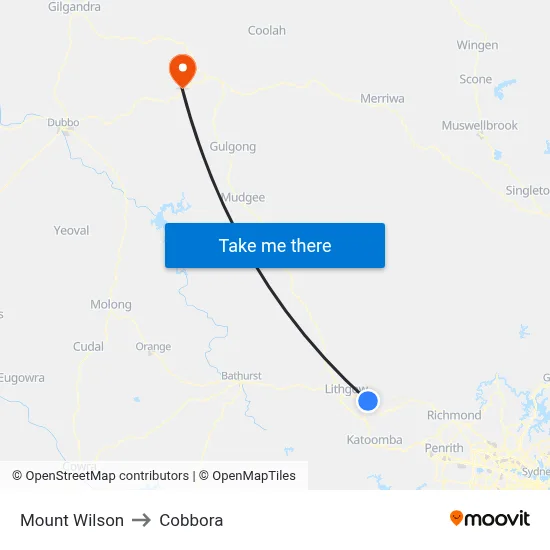 Mount Wilson to Cobbora map