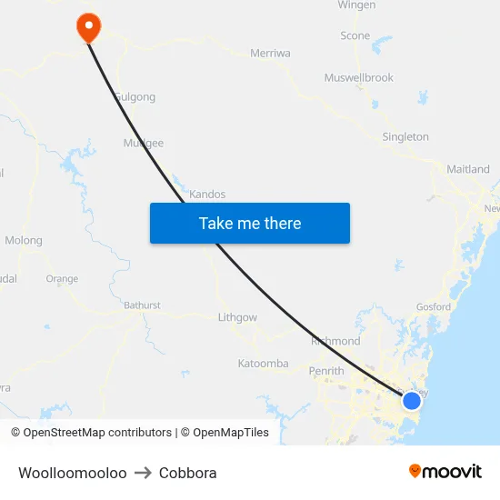 Woolloomooloo to Cobbora map