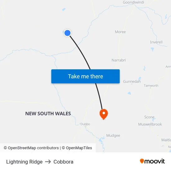 Lightning Ridge to Cobbora map