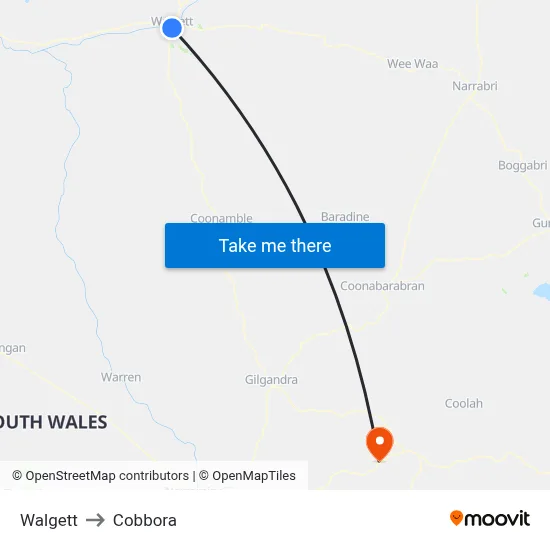 Walgett to Cobbora map