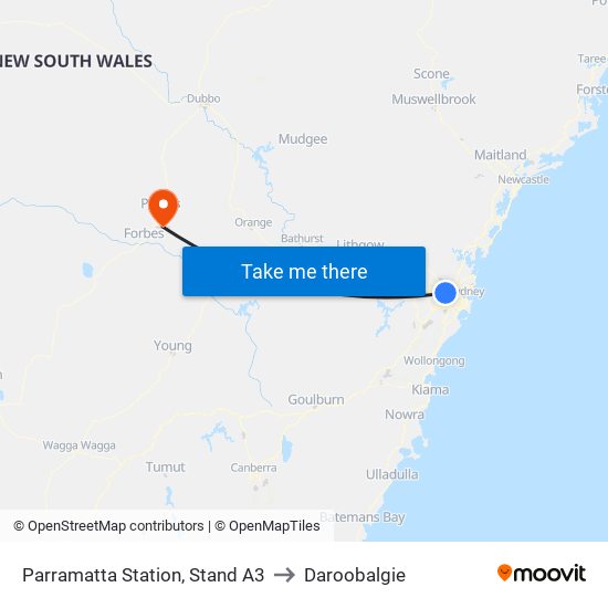 Parramatta Station, Stand A3 to Daroobalgie map