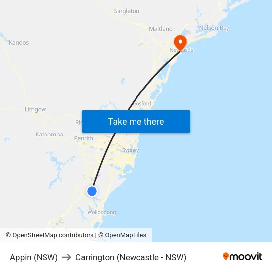 Appin (NSW) to Carrington (Newcastle - NSW) map