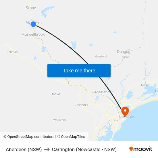 Aberdeen (NSW) to Carrington (Newcastle - NSW) map