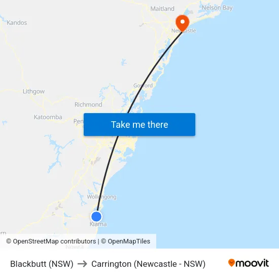 Blackbutt (NSW) to Carrington (Newcastle - NSW) map