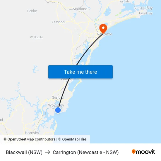 Blackwall (NSW) to Carrington (Newcastle - NSW) map