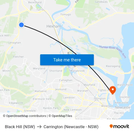 Black Hill (NSW) to Carrington (Newcastle - NSW) map