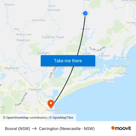 Booral (NSW) to Carrington (Newcastle - NSW) map
