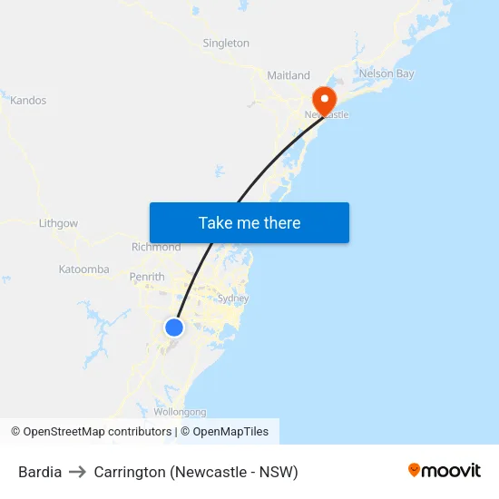 Bardia to Carrington (Newcastle - NSW) map