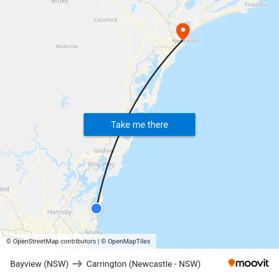 Bayview (NSW) to Carrington (Newcastle - NSW) map