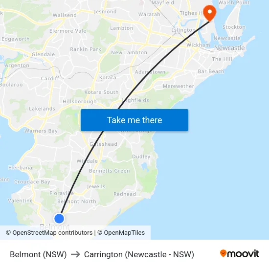 Belmont (NSW) to Carrington (Newcastle - NSW) map