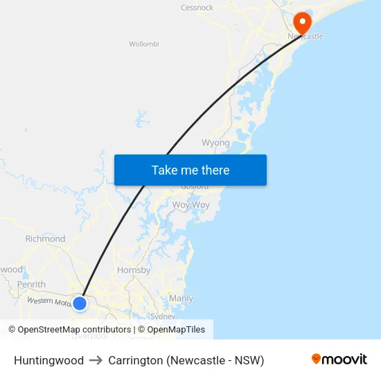 Huntingwood to Carrington (Newcastle - NSW) map