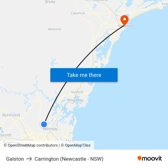 Galston to Carrington (Newcastle - NSW) map
