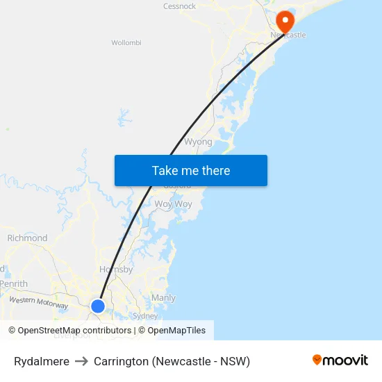 Rydalmere to Carrington (Newcastle - NSW) map