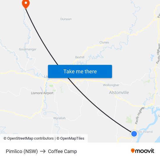 Pimlico (NSW) to Coffee Camp map