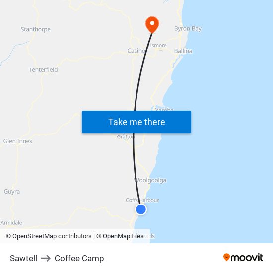 Sawtell to Coffee Camp map