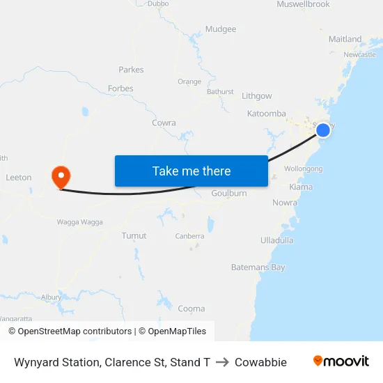 Wynyard Station, Clarence St, Stand T to Cowabbie map