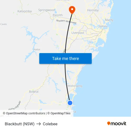 Blackbutt (NSW) to Colebee map