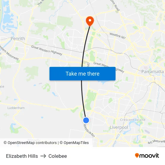 Elizabeth Hills to Colebee map