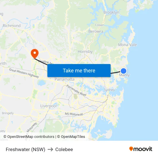 Freshwater (NSW) to Colebee map