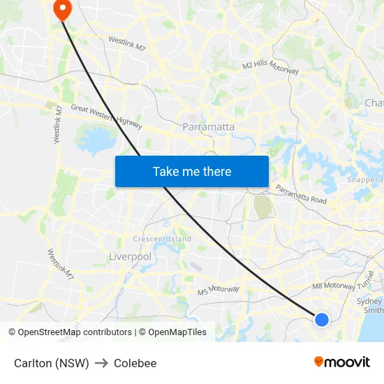 Carlton (NSW) to Colebee map