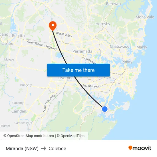 Miranda (NSW) to Colebee map