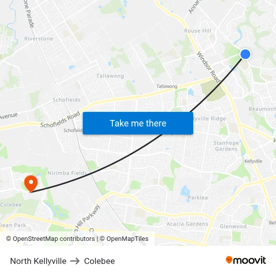North Kellyville to Colebee map