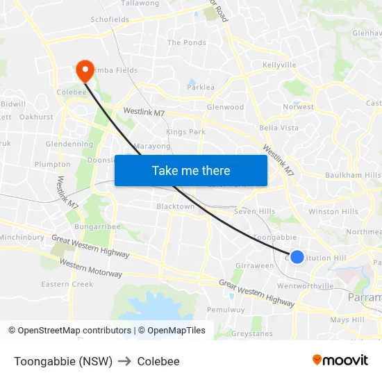 Toongabbie (NSW) to Colebee map