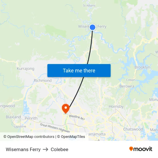 Wisemans Ferry to Colebee map