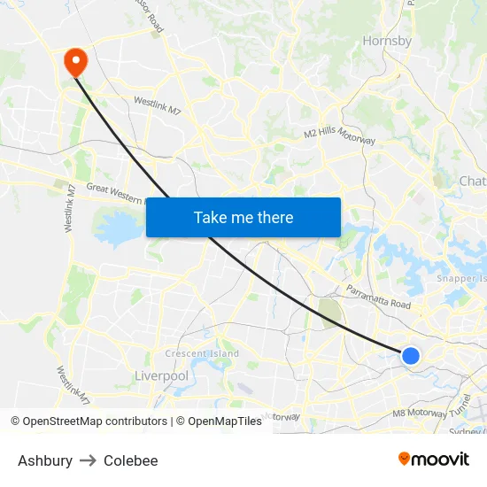 Ashbury to Colebee map