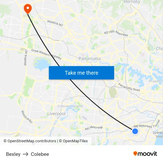 Bexley to Colebee map