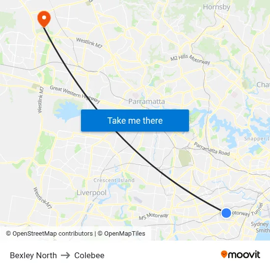 Bexley North to Colebee map