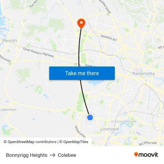 Bonnyrigg Heights to Colebee map