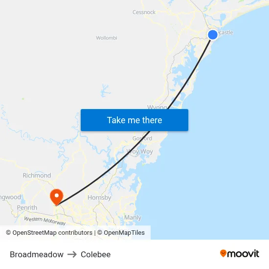 Broadmeadow to Colebee map
