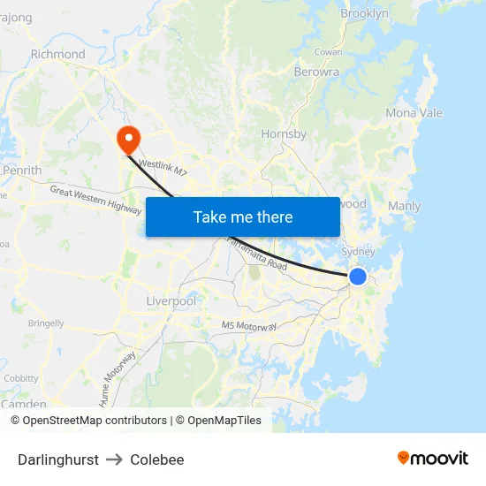 Darlinghurst to Colebee map