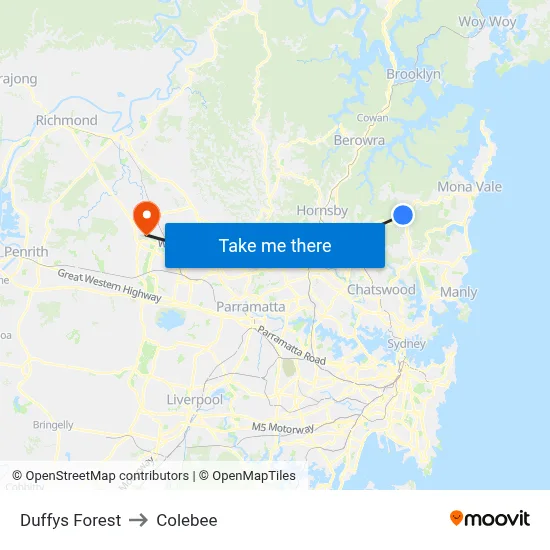 Duffys Forest to Colebee map