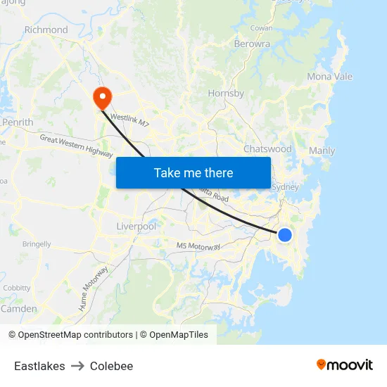 Eastlakes to Colebee map