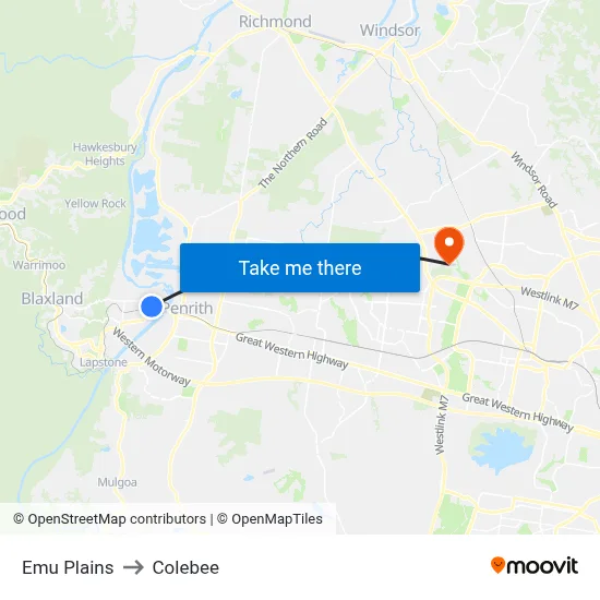 Emu Plains to Colebee map