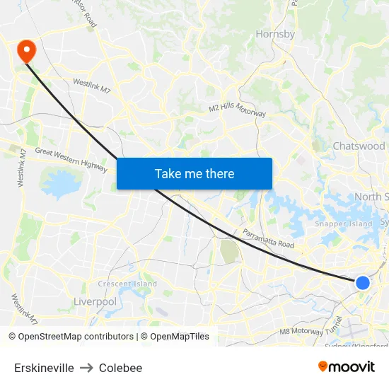 Erskineville to Colebee map