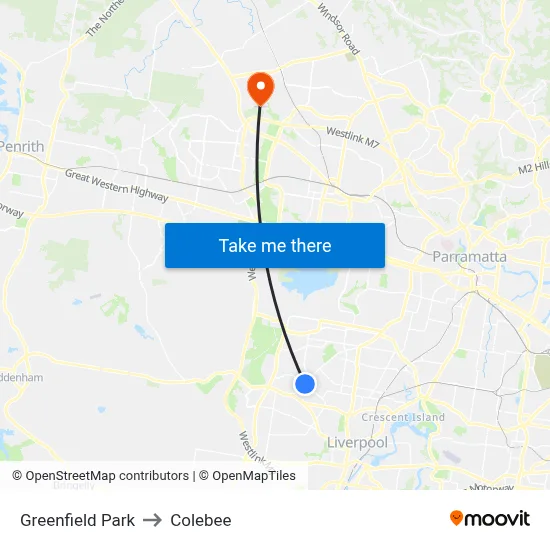 Greenfield Park to Colebee map