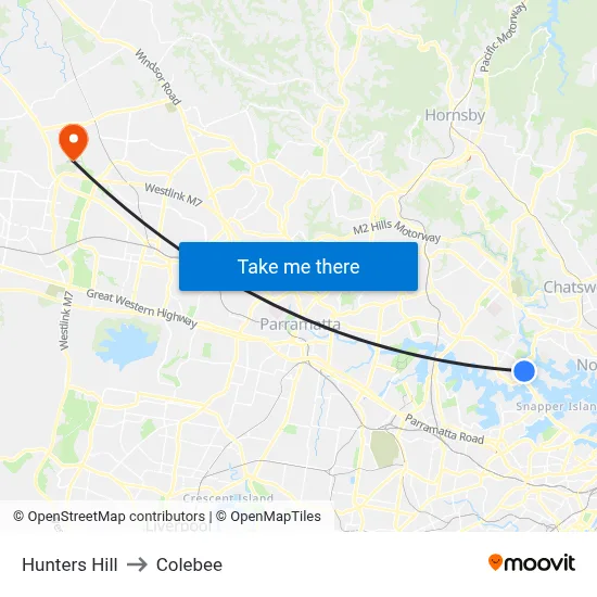 Hunters Hill to Colebee map