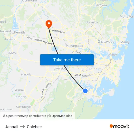 Jannali to Colebee map