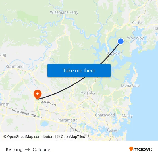 Kariong to Colebee map