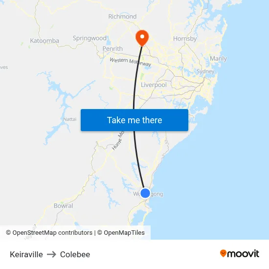 Keiraville to Colebee map