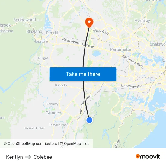 Kentlyn to Colebee map