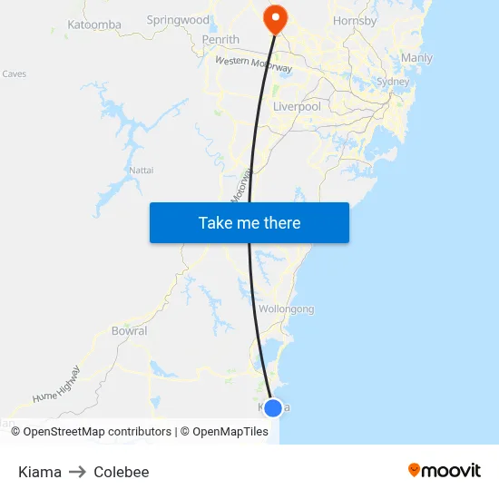 Kiama to Colebee map