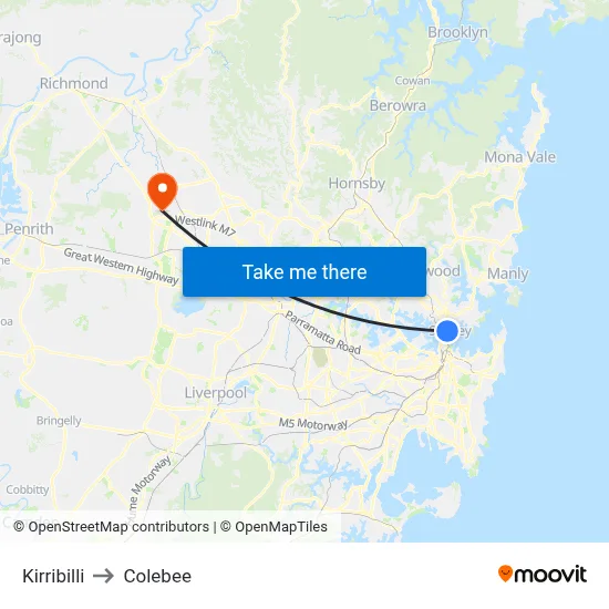 Kirribilli to Colebee map