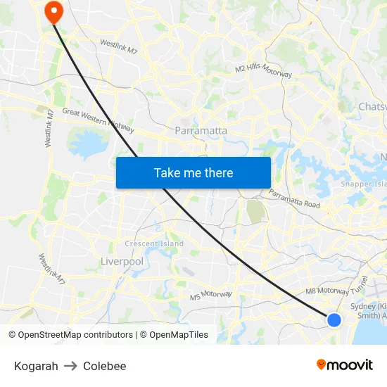 Kogarah to Colebee map